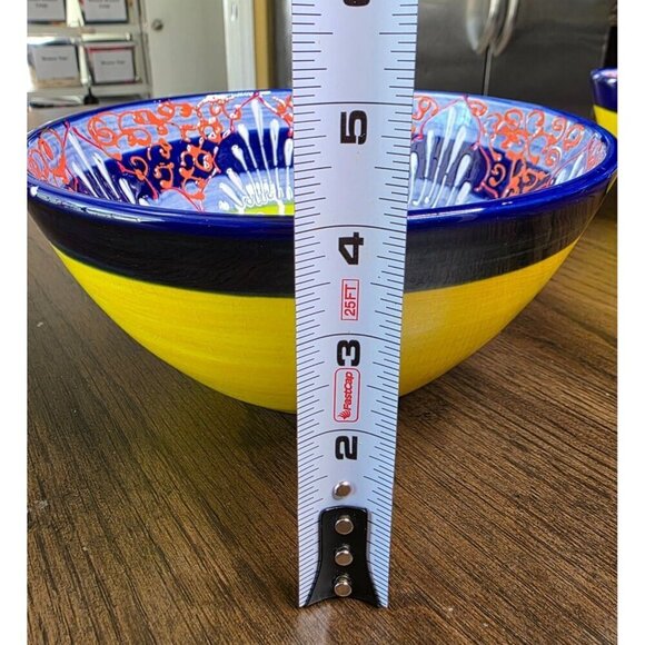 Hand-Painted Ceramic Bowl From Spain With Vibrant Blue Orange & Yellow Patterns - Picture 14 of 16